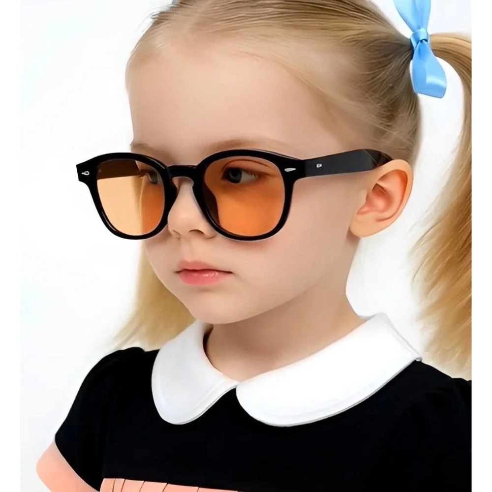 Kids Sunglasses Black Frame Yellow Tinted‎ Lenses UV400 Protection Round Shape